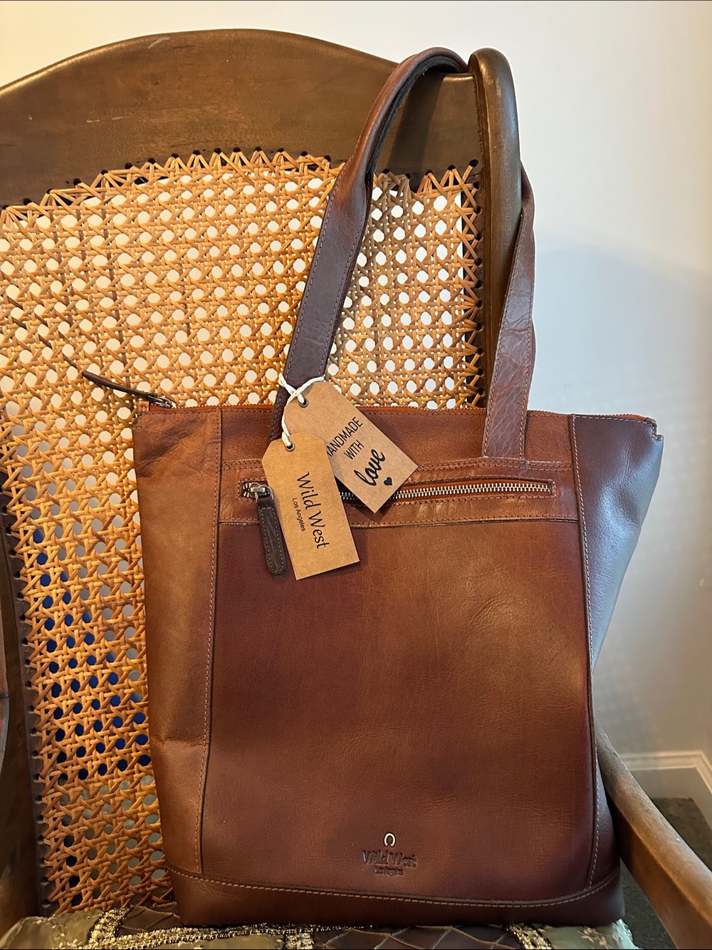 Wild West Leather Tote 3 Zip Pouches Phone Pocket ID Pocket Nice Laptop Tote